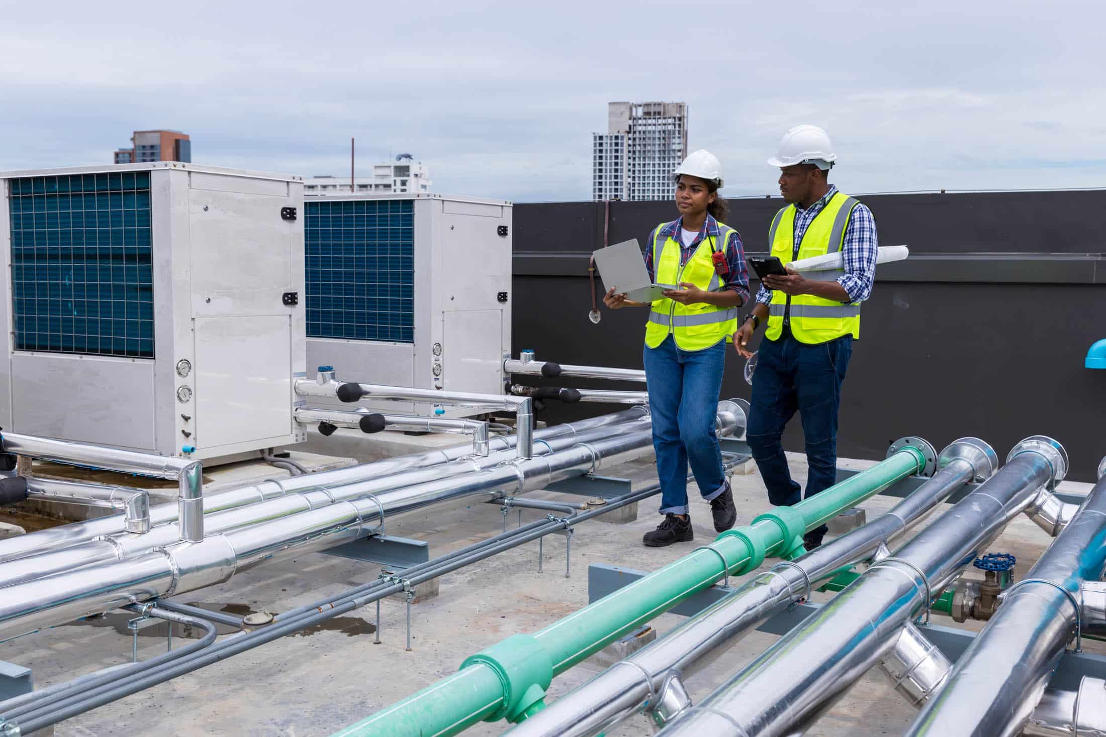 Two engineers talking on a facility roof