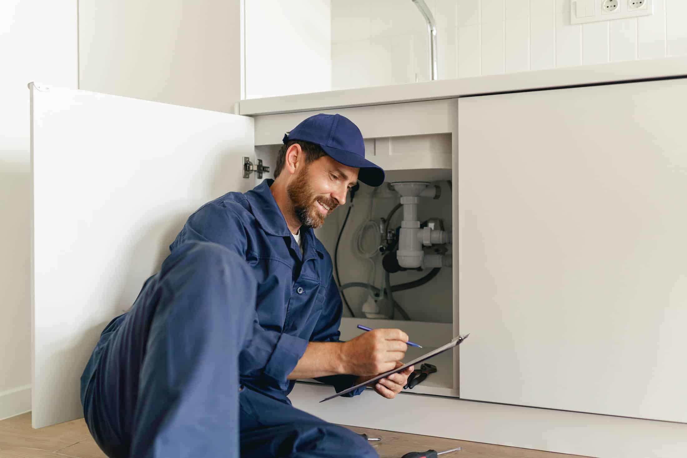 Plumber examining pipes under a sink