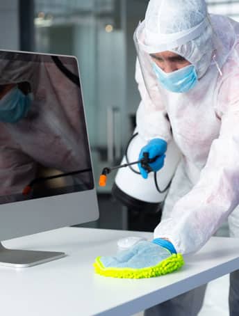 Person in full PPE spraying disinfectant in an office building